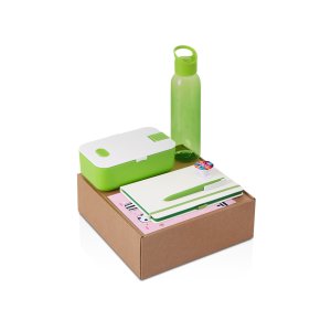 Подарочный набор с бутылкой для воды. блокнотом, ручкой и ланчбоксом, зеленое яблоко