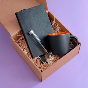 Набор подарочный DESKTOP: кружка, ежедневник, ручка,стружка, коробка, черный/оранжевый