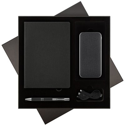 Подарочный набор Tweed, черный (ежедневник, ручка, аккумулятор)