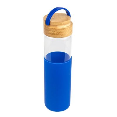Бутылка стеклянная с силиконовой манжетой и бамбуковой крышкойGlass , синий