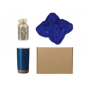 Подарочный набор с пледом, термокружкой и чаем, синий Подарочный набор с пледом, термокружкой и чаем, синий