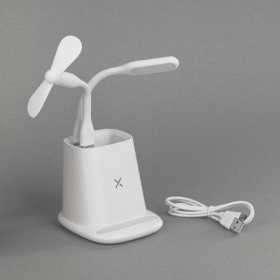Карандашница "Smart Stand" с беспроводным зарядным устройством, вентилятором и лампой (2USB разъёма), цвет белый