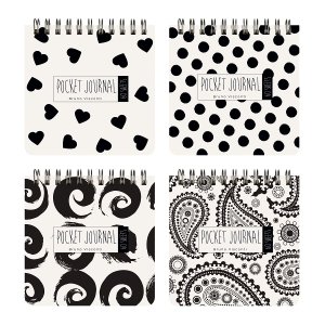 "POCKET JOURNAL" 105 х 105 мм, 60 Л, (4 ВИДA) НА ГРЕБНЕ "BLACK&WHITE"