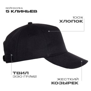 Бейсболка STAN 5 клиньев хлопок 330,01, Чёрный Бейсболка STAN 5 клиньев хлопок 330,01, Чёрный