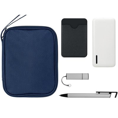 Подарочный набор с флешкой, повербанком и ручкой, темно-синий/серебристый