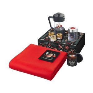 Подарочный набор c пледом, френчпрессом, чаем и медом, красный