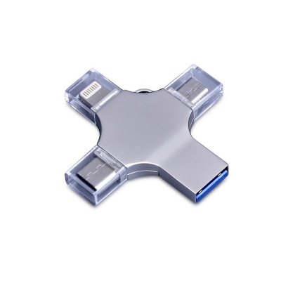 USB-флешка на 128 Гб 4 в 1 поворотный механизм, c дополнительными разъемами MicroUSB, TypeC и Lightning, серебристый