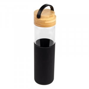 Бутылка стеклянная с силиконовой манжетой и бамбуковой крышкойGlass , черный