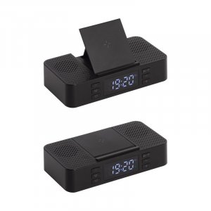 Настольные часы "Smart Box" с bluetooth колонкой (2х3Вт), беспроводным (15W) зарядным устройством и складной подставкой под смартфон, цвет черный