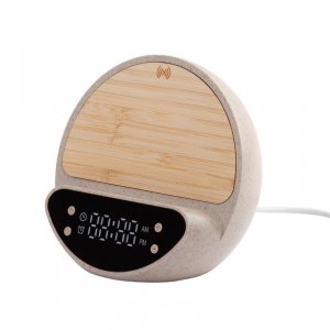 Настольные часы "Smiley" с беспроводным (10W) зарядным устройством и будильником, пшеница/бамбук/пластик, цвет бежевый