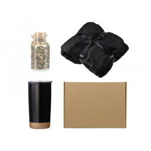 Подарочный набор с пледом, термокружкой и чаем, черный Подарочный набор с пледом, термокружкой и чаем, черный