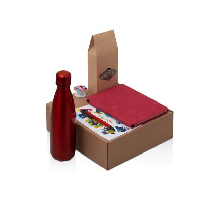 Подарочный набор с термобутылкой, блокнотом, ручкой и чаем, красный