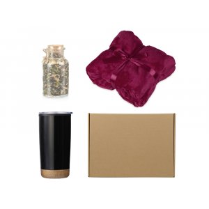 Подарочный набор с пледом, термокружкой и чаем, бордовый Подарочный набор с пледом, термокружкой и чаем, бордовый