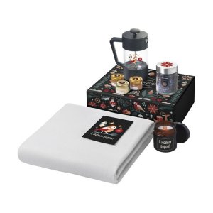 Подарочный набор c пледом, френчпрессом, чаем и медом, серый