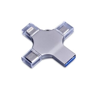 USB-флешка на 64 Гб 4 в 1 поворотный механизм, c дополнительными разъемами MicroUSB, TypeC и Lightning, серебристый USB-флешка на 64 Гб 4 в 1 поворотный механизм, c дополнительными разъемами MicroUSB, TypeC и Lightning, серебристый