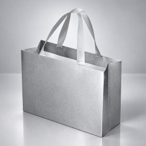 Пакет подарочный с тканевой ламинацией Сатин XL, серебристый 32×23×12 см., серебристые ручки