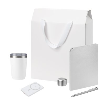Подарочный набор Welcome Pack Premium, серебряный (термокружка, колонка, ежедневник, ручка, ЗУ, коробка-пакет)