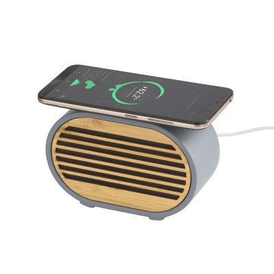 Bluetooth-колонка "Stonehenge" 5Вт с беспроводным зарядным устройством, камень/бамбук, цвет серый/бежевый
