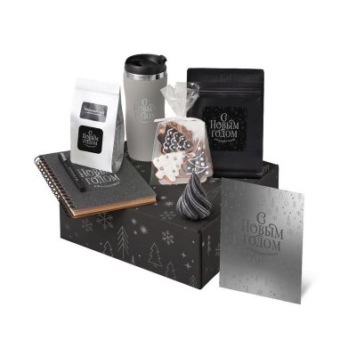 Подарочный набор c термокружкой, чаем, кофе и блокнотом, серый
