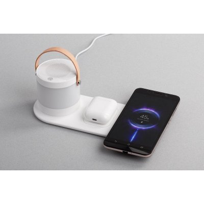 Настольная беспроводная (15W) зарядная станция "Smart Home" с bluetooth колонкой-лампой, цвет белый