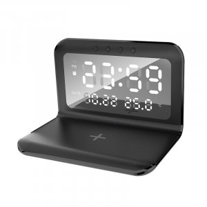 Настольные часы "Smart Time" с беспроводным (15W) зарядным устройством, будильником и термометром, со съёмным дисплеем, цвет черный
