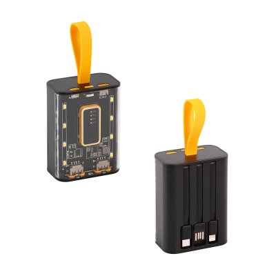 Зарядное устройство "Shine" 9000 mAh с LED-подсветкой, встроенными кабелями Type-C/Lightning/USB, цвет черный с желтым