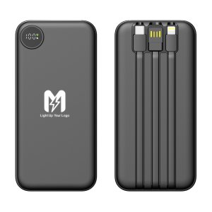 Зарядное устройство "Форт" 10000 mAh с подсветкой логотипа, встроенными кабелями и цифровым индикатором заряда, цвет черный