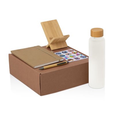 Подарочный набор с бутылкой для воды. блокнотом, ручкой и подставкой для телефона, бежевый