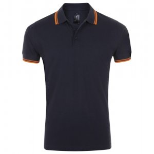 Рубашка поло мужская Pasadena Men 200 с контрастной отделкой, темно-синяя (navy) с неоново-оранжевым