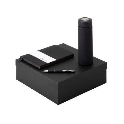 Подарочный набор с блокнотом С1, металлической ручкой и термосом, черный