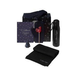 Подарочный набор с варежками, шарфом и термосом, черный Подарочный набор с варежками, шарфом и термосом, черный