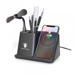 Карандашница "Black Star" с беспроводным (10W) зарядным устройством, вентилятором и лампой, с подсветкой логотипа, цвет черный