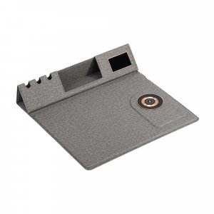Настольная складная подставка "Cool Mat" с беспроводным (15W) ЗУ, сенсорной подсветкой логотипа, функцией MagSafe и ковриком для мыши, цвет серы