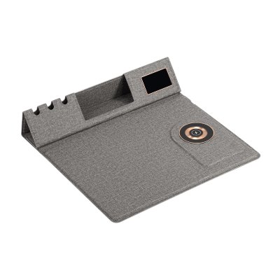 Настольная складная подставка "Cool Mat" с беспроводным (15W) ЗУ, сенсорной подсветкой логотипа, функцией MagSafe и ковриком для мыши, цвет серы