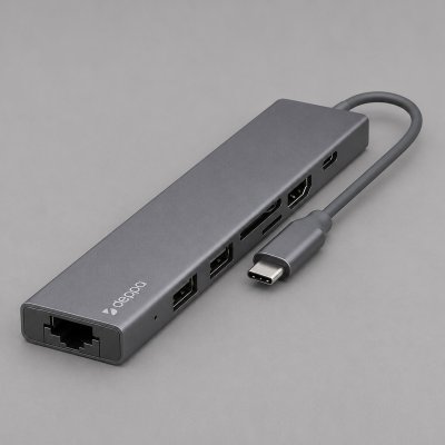 USB Type-C хаб 7-в-1, HDMI, Power Delivery, 2xUSB 3.0, RJ45, microSD/SD, графит, Deppa