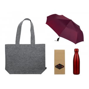Подарочный набор с зонтом и термобутылкой в шопере, бордовый Подарочный набор с зонтом и термобутылкой в шопере, бордовый