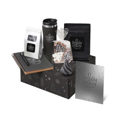 Подарочный набор c термокружкой, чаем, кофе и блокнотом, черный