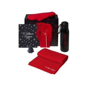 Подарочный набор с варежками, шарфом и термосом,красный Подарочный набор с варежками, шарфом и термосом,красный