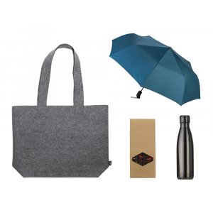 Подарочный набор с зонтом и термобутылкой в шопере, синий Подарочный набор с зонтом и термобутылкой в шопере, синий