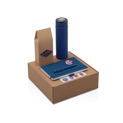 Подарочный набор с термосом, блокнотом, ручкой и чаем, синий