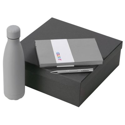 Подарочный набор с блокнотом С1, металлической ручкой и термобутылкой, серый