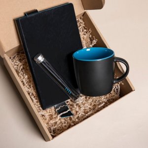 Набор подарочный DESKTOP: кружка, ежедневник, ручка,стружка, коробка, черный/голубой