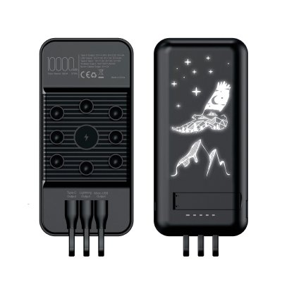 Беспроводное зарядное (22.5/15W) устройство "Topfull SOFTTOUCH" 10000 mAh с подсветкой лого, присосками, встроенными кабелями, с подставкой, цвет черны