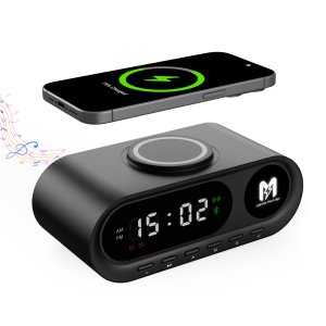 Настольные часы "Smart Hub" с bluetooth колонкой 5Вт, беспроводной (15W) зарядкой и подсветкой логотипа, цвет черный