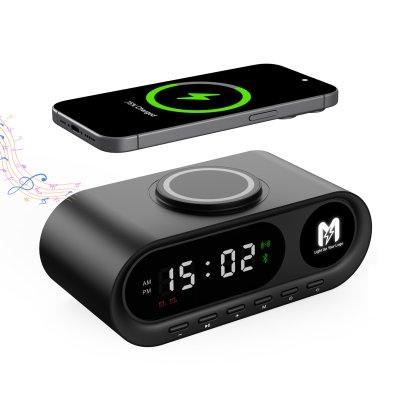 Настольные часы "Smart Hub" с bluetooth колонкой 5Вт, беспроводной (15W) зарядкой и подсветкой логотипа, цвет черный