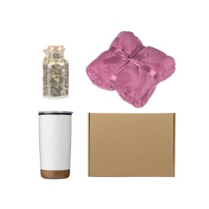 Подарочный набор с пледом, термокружкой и чаем, розовый Подарочный набор с пледом, термокружкой и чаем, розовый