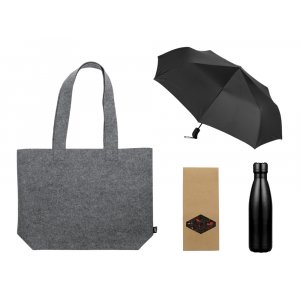 Подарочный набор с зонтом и термобутылкой в шопере, черный Подарочный набор с зонтом и термобутылкой в шопере, черный