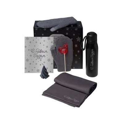 Подарочный набор с варежками, шарфом и термосом, серый