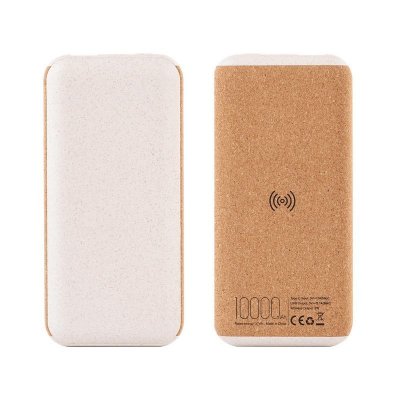 Беспроводное зарядное устройство "Cork Power" 10000 mAh, пластик/пшеничное волокно/пробка, цвет бежевый
