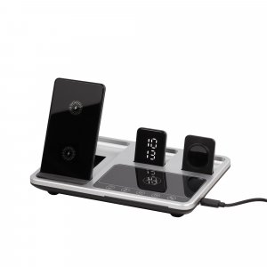 Беспроводная (15W) зарядная станция "Smart Lift" с сенсорным подъёмным механизмом, часами и ночной подсветкой, цвет черный с серебристым